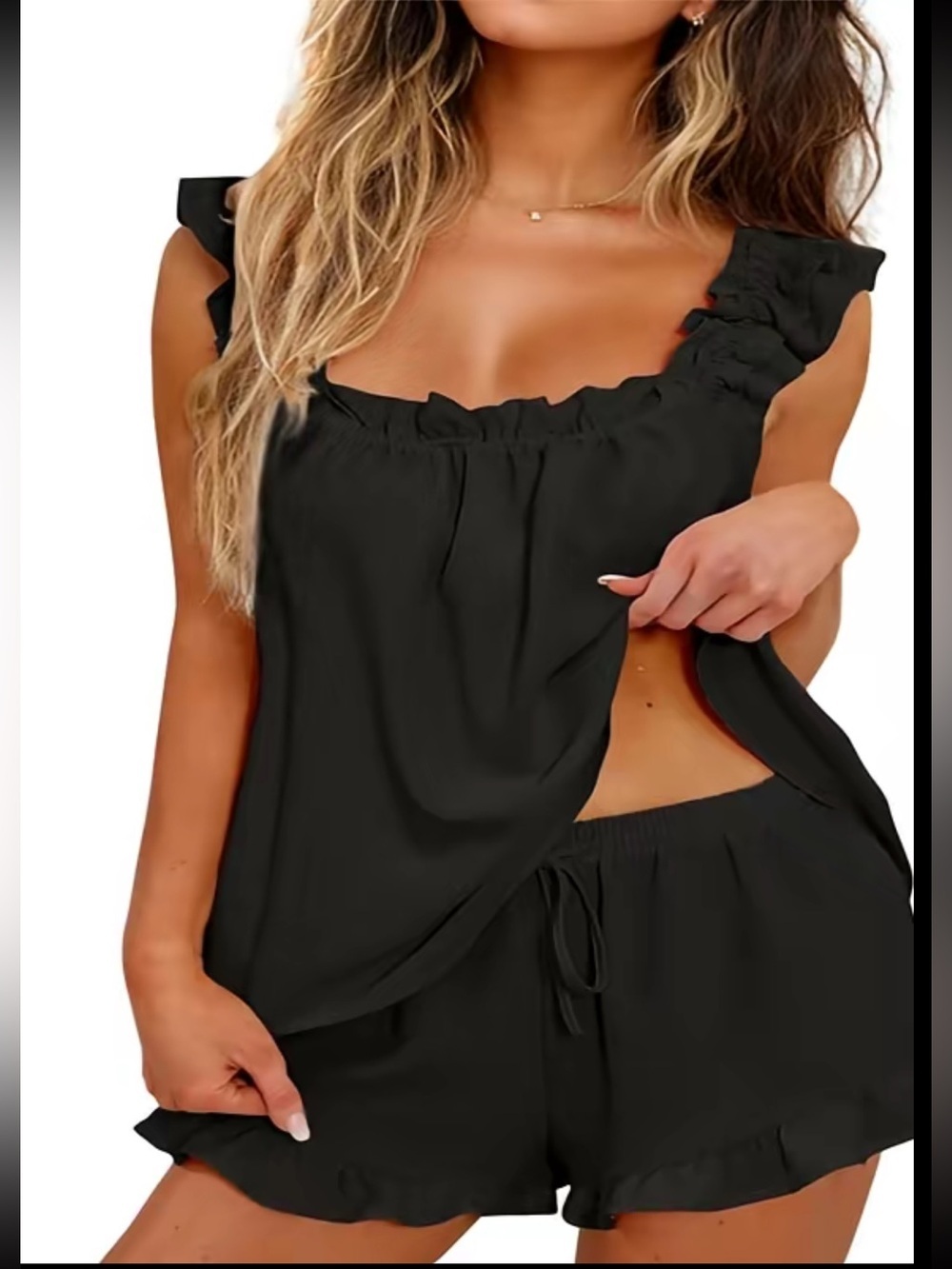 KFUBUO Women’s Two Piece Ruffle Pajama Set in Black, NWT, size L